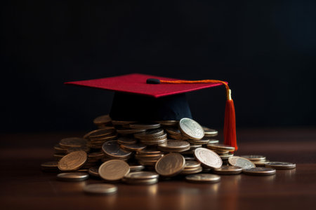 Cost of higher education. Graduation cap on a stack of coins. Generative aiの素材