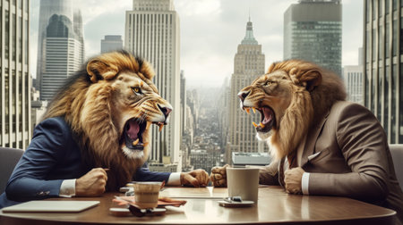 Lions arguing at a business meeting. Generative aiの素材