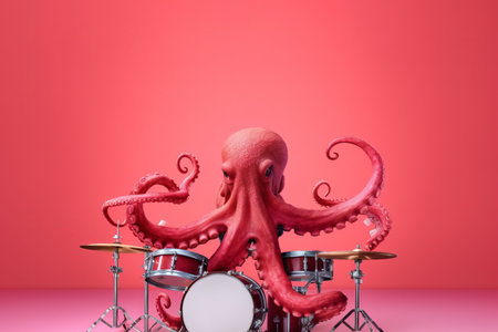An octopus musician playing the drums in a band. Generative aiの素材