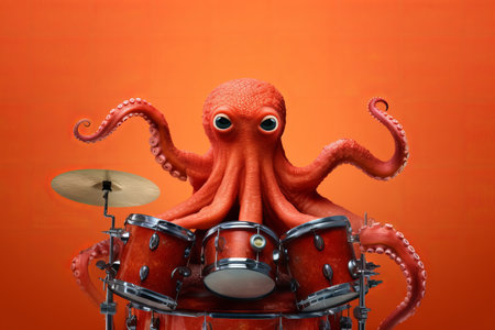An octopus musician playing the drums in a band. Generative aiの素材
