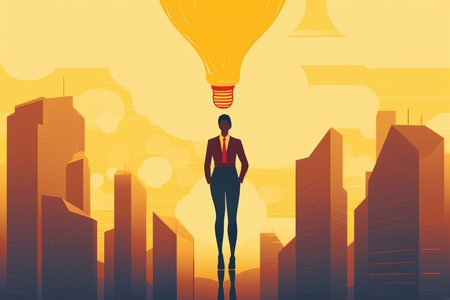 Business woman with a bright idea light bulb. Generative aiの素材