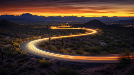 Bright light streaks on a winding road through a desert landscape. Generative aiの素材