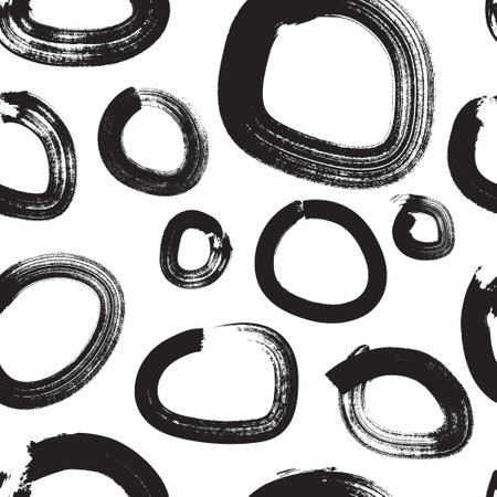 Simple black and white abstract seamless circle pattern. Hand drawn minimal ink brush linesのイラスト素材