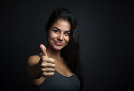 Studio portrait of a happy young woman with thumbs up positive hand gesture. Generative aiの素材