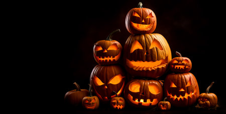 A large stack of carved halloween pumpkins with spooky faces. Generative aiの素材