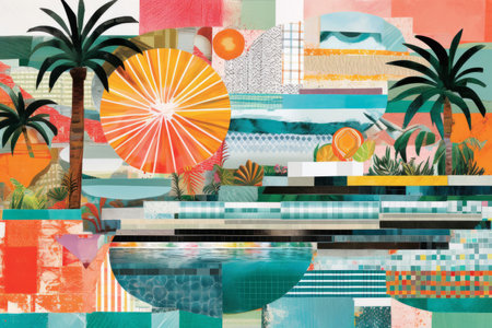 Summer vacation swimming pool trendy art collage design. Generative aiの素材