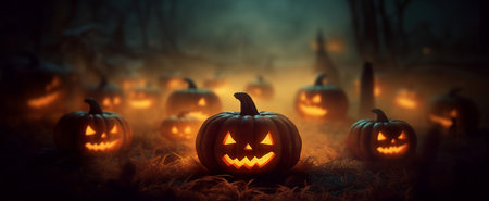 Creepy halloween carved pumpkin jack-o-lantern in a spooky landscape at night. Generative aiの素材