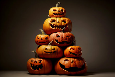 A large stack of carved halloween pumpkins with spooky faces. Generative aiの素材