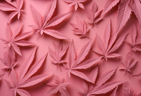 Overhead flat lay of pink marijuana cannabis leaves on a pink backgroundの素材