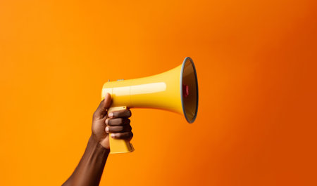 African american persons hand holding an announcement megaphoneの素材