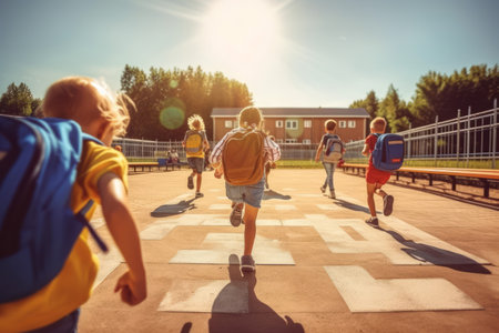 Students wearing backpacks arriving at school. Back to schoolの素材