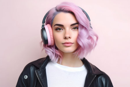 Portrait of a fashionable young woman wearing headphones listening to musicの素材