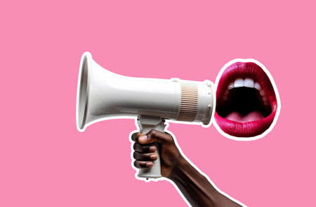 African american persons hand holding an announcement megaphone with lips. Graphic cut out styleの素材