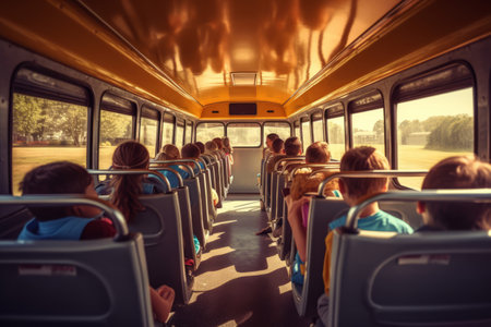 Interior shot of school children sitting on a bus. Back to school conceptの素材
