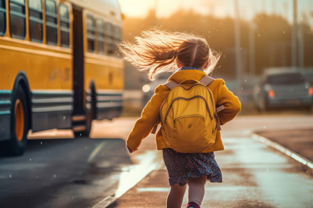 School children wearing backpacks walk towards a school bus to take them to class. Back to schoolの素材