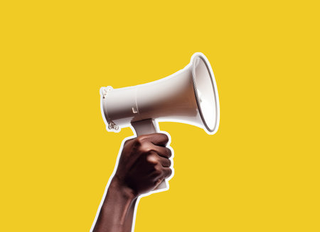African american persons hand holding an announcement megaphone. Graphic cut out styleの素材