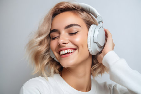 Portrait of a fashionable young woman wearing headphones listening to musicの素材
