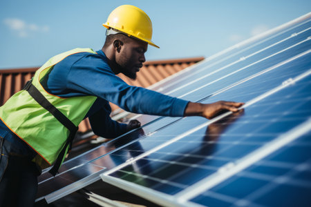 An eco friendly solar panel being fitted to a residential roof by an engineerの素材