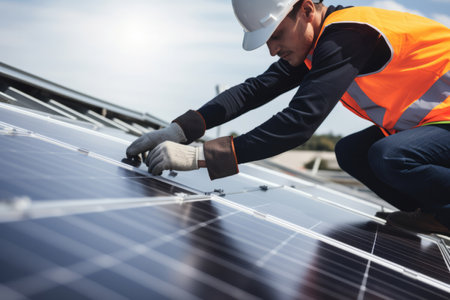 An eco friendly solar panel being fitted to a residential roof by an engineerの素材