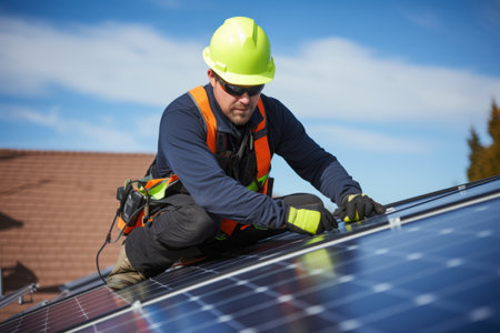 An eco friendly solar panel being fitted to a residential roof by an engineerの素材
