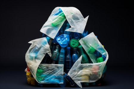 Recycling symbol made from plastic bottles and waste plastic. recycling litter conceptの素材