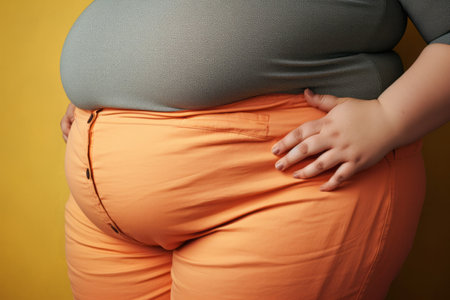 Close up of an overweight obese woman. Plus size female waistlineの素材