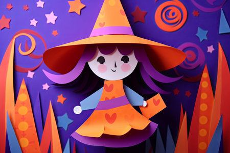 Cute halloween witch childrens paper cut out illustrationの素材