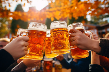 Close up of a group of people toasting with large oktoberfest style beerの素材