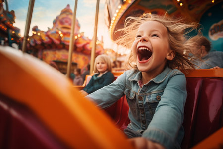 A happy excited young child riding on an exciting theme park fairground rideの素材