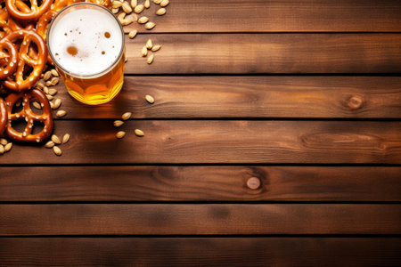 Oktoberfest beer festival background with large beer and a pretzel snack against a wooden backgroundの素材