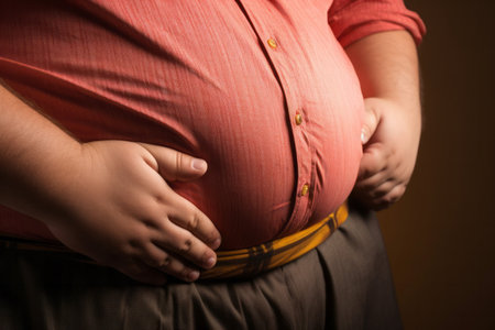 Close up of an obese mans overweight tummy. Unhealthy waistlineの素材