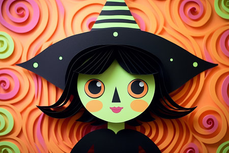 Cute halloween witch childrens paper cut out illustrationの素材