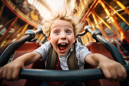 A happy excited young child riding on an exciting theme park fairground rideの素材