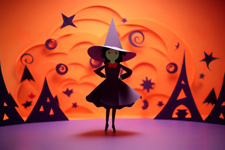 Cute halloween witch childrens paper cut out illustrationの素材