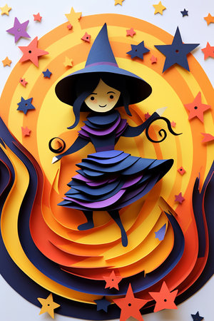 Cute halloween witch childrens paper cut out illustrationの素材