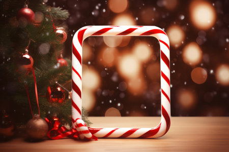 Christmas banner label. Festive candy cane frame border with Christmas lightsの素材