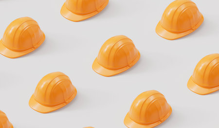 A collection of construction safety hard hats. isometric background. 3D Renderingの写真素材