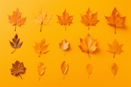 Colorful autumn set of leaves arranged on a bright orange backgroundの素材