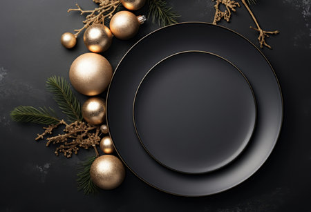 Overhead view of a luxury festive christmas meal dinner plate with decorationsの素材