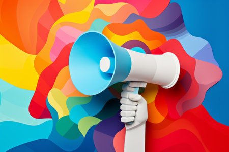 A hand holding a megaphone making an announcement. paper illustration styleの素材