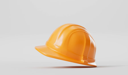 Construction hard hats on a plain background. Protective headwear. 3D renderingの写真素材