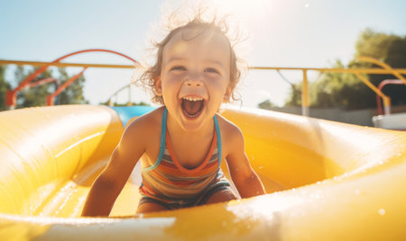 Close up of an excited child sliding on a water slide at an aqua parkの素材