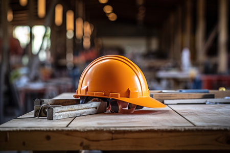 builders hard hat on a workbench. Construction site safetyの素材