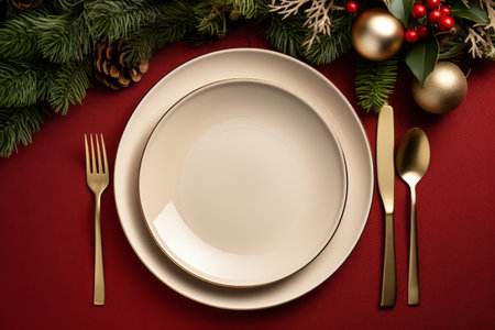 Christmas dinner meal table setting with a blank plate and Christmas decorationsの素材