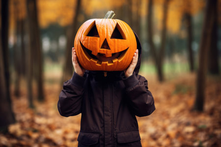 A child holds a spooky halloween pumpkin up as as halloween mask costumeの素材