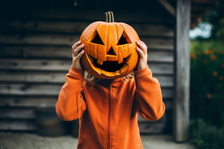 A child holds a spooky halloween pumpkin up as as halloween mask costumeの素材