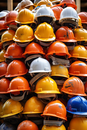 A pile of safety hard hats on a construction site. Site safety conceptの素材