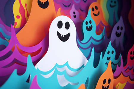 A cute halloween ghost background. Paper cut out illustration styleの素材