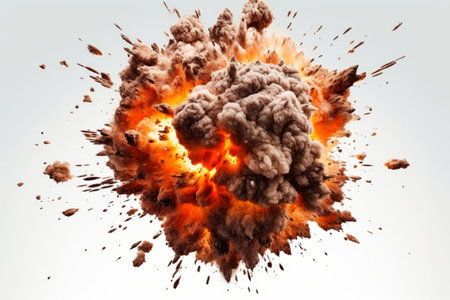 A large explosion with flames and smoke isolated against a white backgroundの素材