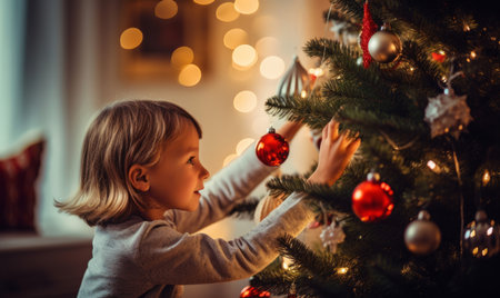 A happy girl decorating a large festive christmas tree with bauble decorationsの素材